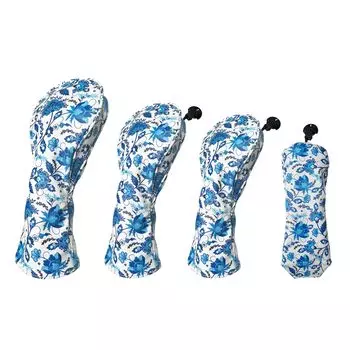 Andux 4 Pieces Blue and White Porcelain Pattern PU Golf Wooden Club Head Cover 460cc Driver Cover Long Neck