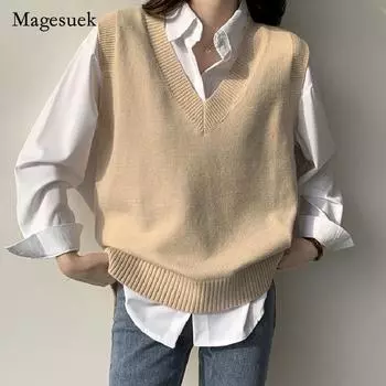 Andy Новый свободный модный пуловер в ленивом стиле с v-образным вырезом, жилет без рукавов, вязаный жилет, женский свитер All code темно-синий