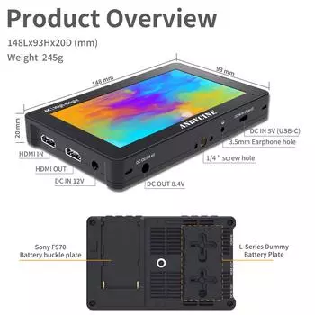 ANDYCINE A6 II 5,5-дюймовая зеркальная камера, полевой монитор, сенсорное управление, режиссерский видеомонитор, 3D Luts чёрный