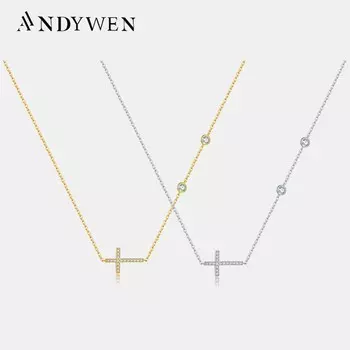 ANDYWEN, 100% стерлинговое серебро 925 пробы, два циркона, подвеска в виде креста с фианитами, женское роскошное классическое изысканное ювелирное изделие на День святого Валентина M