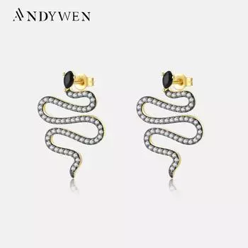ANDYWEN, 100% стерлинговое серебро 925 пробы, золото, сплит-покрытие, длинные серьги-капли с фианитом в виде змеи, серьги-подвески в стиле рок-панк, вечерние украшения для девочек, 2023 M