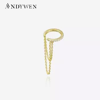 ANDYWEN, 100% стерлинговое серебро 925 пробы, золото, одинарная цепочка-манжета Pavee, ни один из зажимов для пирсинга, женские серьги-манжеты в стиле рок-панк, свадебные украшения M