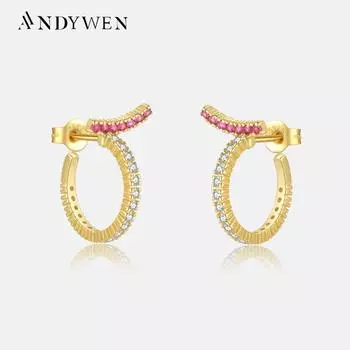 ANDYWEN 100% стерлинговое серебро 925 пробы золото в стиле рок-панк Huggies серьги-кольца розовый циркон кристалл ювелирные изделия M