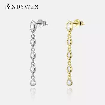 ANDYWEN, 100% стерлинговое серебро 925 пробы, золото, острые серьги-цепочки, женские серьги Pendientes, роскошные ювелирные изделия, 2023, клипсы M