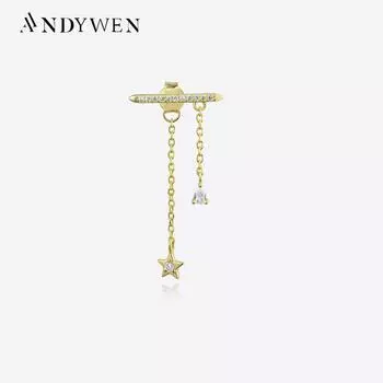 ANDYWEN 100% стерлингового серебра 925 пробы, Золотая цепочка ФАНТАЗИЯ, серьги-гвоздики с кристаллами циркона и фианитами, свадебные украшения с кристаллами M