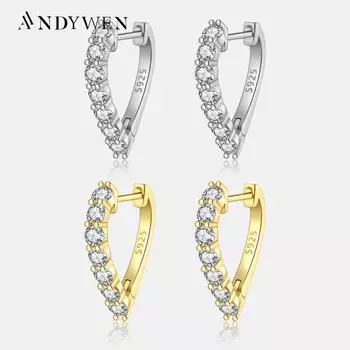 ANDYWEN 100% стерлингового серебра 925 пробы, золотого обруча в форме сердца, клипсы для сережек Huggies Pendientes, роскошные ювелирные изделия M
