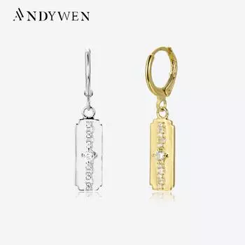 ANDYWEN 100% стерлингового серебра 925 пробы, золотые квадратные серьги-капли с одинарным цирконием CZ, пирсинг Pendiente, роскошные изысканные драгоценности M