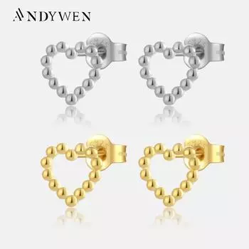 ANDYWEN 100% стерлингового серебра 925 пробы, золотые бусины в форме сердца, серьги-гвоздики, клипсы для пирсинга, роскошные изящные ювелирные изделия, подарок M