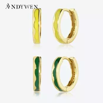 ANDYWEN 925 пробы серебро цветок эмаль зеленый Huggies серьги-кольца женские роскошные вечерние лучший подарок ювелирные изделия M