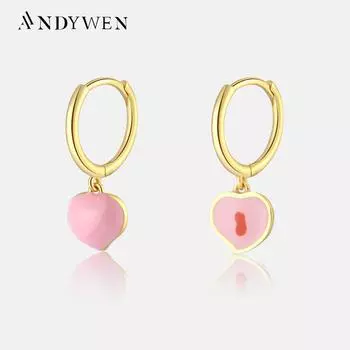 ANDYWEN 925 пробы серебро любовь персик серьги Pendiente роскошные женские ювелирные изделия 2023 с эмалью M