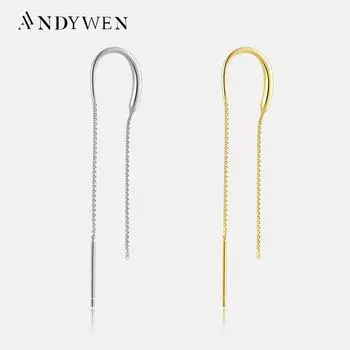 ANDYWEN 925 пробы серебро одинарная цепочка 65 мм серьги-капли для пирсинга женские линии Роскошные золотые рок-панк модные украшения M