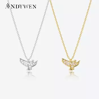 ANDYWEN 925 пробы серебро птица циркон CZ паве кулон длинная цепочка роскошные ювелирные изделия
