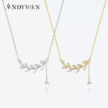 ANDYWEN 925 пробы серебро с золотыми листьями циркон CZ кулон ожерелье длинная цепочка женская 2023 Кристалл Роскошные ювелирные изделия M