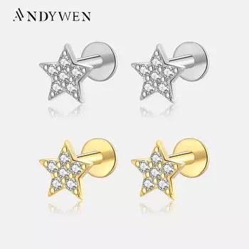 ANDYWEN 925 пробы серебро Золотая звезда CZ серьги-гвоздики зажимы для пирсинга Pendientes изящные ювелирные изделия подарок M