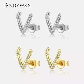 ANDYWEN 925 пробы серебро золото CZ V-образные серьги для женщин модные украшения M