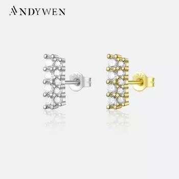 ANDYWEN 925 пробы серебро золото две линии пирсинг циркон CZ серьги-гвоздики женские роскошные ювелирные изделия свадебный подарок M