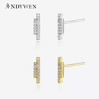 ANDYWEN 925 пробы серебро золото две линии циркон серьги 2023 женские свадебные украшения зажимы подарок M