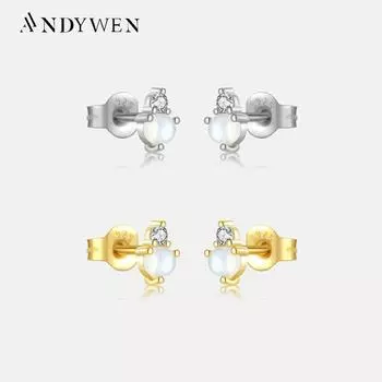 ANDYWEN 925 пробы серебро золото лунный камень драгоценные камни серьги-гвоздики Кристалл Роскошные пирсинг Pendientes женские свадебные изысканные драгоценности M