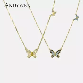 ANDYWEN 925 пробы серебро золото синий черный большая бабочка маленькая бабочка кулон длинная цепочка ожерелье 2023 свадебный подарок изысканные драгоценности M