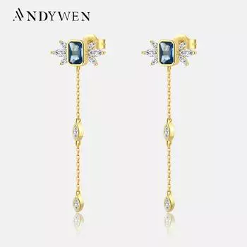ANDYWEN 925 пробы серебро золото синий циркон CZ любовь крыло кулон длинная цепочка серьги ювелирные изделия M