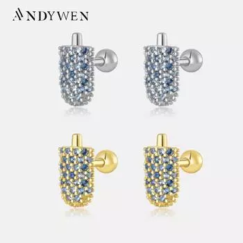 ANDYWEN 925 пробы серебро золото синий мороженое серьги-гвоздики зажимы для пирсинга Pendiente роскошные изящные ювелирные изделия подарок M