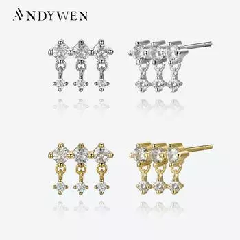 ANDYWEN 925 пробы серебро золото соль три CZ циркон серьги женские роскошные нежные изящные ювелирные изделия подарок M