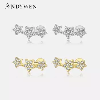 ANDYWEN 925 пробы серебро золото три звезды серьги-гвоздики для пирсинга Pendientes роскошные ювелирные изделия 2023 свадебные украшения M