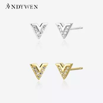 ANDYWEN 925 пробы серебро золото V циркон CZ серьги-гвоздики зажимы для пирсинга женские роскошные ювелирные украшения 2023 хрустальные драгоценности M