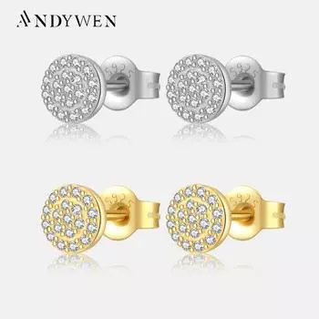 ANDYWEN 925 пробы серебро золотые круглые серьги-гвоздики женские роскошные ювелирные украшения M