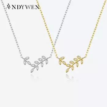ANDYWEN 925 серебро стерлингового серебра циркон лист ожерелье женские ювелирные украшения M