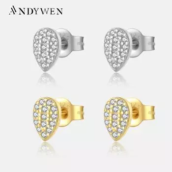 ANDYWEN 925 Sterling Silver Gold Round CZ Zircon Stud Earring Piercing Rock Punk Wedding Jewelry M