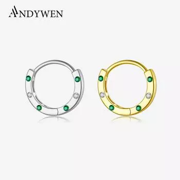 ANDYWEN 925 Sterling Silver Hoop Earrings Gold Plated Ladies Earrings Green Cubic Zirconia Luxury Earring For Women Fine Jewelry m серебряный