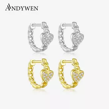 ANDYWEN 925 Sterling Silver Hoop Earrings Gold Plated Ladies Earrings Heart Shaped Earrings Sparkling Cubic Zirconia Fine Jewelry m