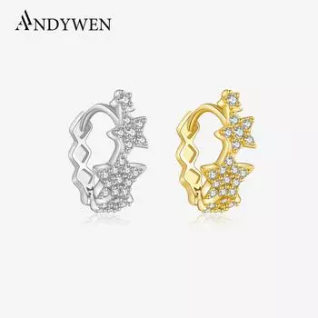 ANDYWEN 925 Sterling Silver Hoop Stars Earrings Ladies Hypoallergenic Earrings Twinkle Cubic Zirconia Inlay Fine Jewelry Gifts m серебряный