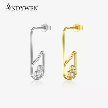 ANDYWEN 925 Sterling Silver Stud Earrings 18k Gold Plated Women Earrings Note Shape Earrings Engagement Fine Jewelry m серебряный