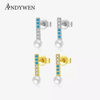 ANDYWEN 925 Sterling Silver Stud Earrings Cubic Zirconia & Fresh-water Pearl Earrings Hypoallergenic Earrings Fine Jewelry m серебряный