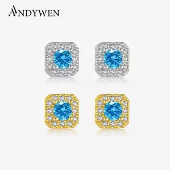 ANDYWEN 925 Sterling Silver Stud Earrings Hypoallergenic Piercing Earrings Gold Plated Ladies Earrings Square Cubic Zirconia Jewelry M серебряный