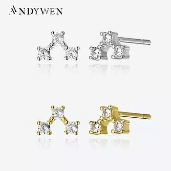 ANDYWEN 925 Стерлинговое Серебро Золото Три CZ Zircon V Освещение Серьги-гвоздики Женщины 2023 Роскошные ювелирные изделия Подарок M