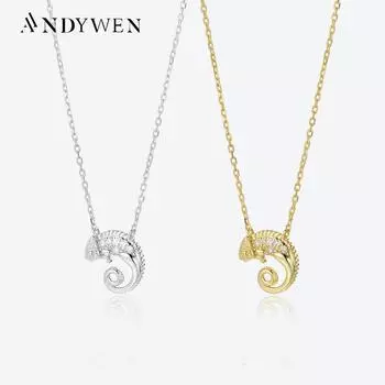 ANDYWEN из стерлингового серебра 925 пробы, подвеска в виде морского конька Anima, длинная цепочка, женское ожерелье с цирконом Pave CZ M