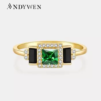 ANDYWEN Кольца из стерлингового серебра 925 пробы, золота, зеленого и черного циркона, женские модные изысканные роскошные ювелирные изделия 6