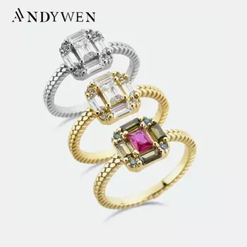 ANDYWEN Кольца из стерлингового серебра 925 пробы для женщин изысканный циркон CZ Радужный кристалл изысканные свадебные роскошные ювелирные изделия 6