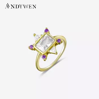 ANDYWEN кольцо из 100% стерлингового серебра 925 пробы с прозрачным фианитом и квадратной звездой 2023, цветное кольцо с кристаллами, большие роскошные ювелирные изделия 6