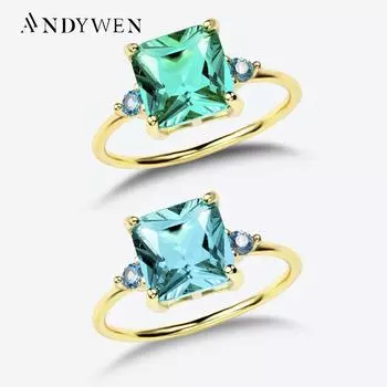 ANDYWEN кольцо из стерлингового серебра 925 пробы, золото, большое зеленое кольцо с фианитом 9 мм, кристалл, женское свадебное роскошное ювелирное украшение 6