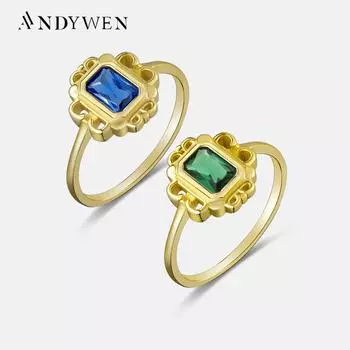 ANDYWEN Кольцо из стерлингового серебра 925 пробы с фианитом, квадратное синее, зеленое кольцо, женское роскошное свадебное ювелирное украшение с кристаллами 6