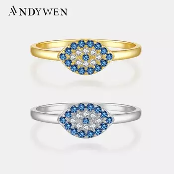ANDYWEN, кольцо из стерлингового серебра 925 пробы, желтого золота, голубого глаза дьявола, счастливое кольцо для женщин, тонкое роскошное кольцо с цирконом, модные ювелирные изделия, подарок 6