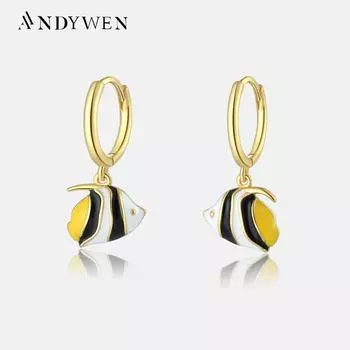 ANDYWEN, новинка 925 пробы, серебро, милые серьги-рыбки, роскошные женские серьги-подвески, 2023, ювелирные изделия с эмалью M