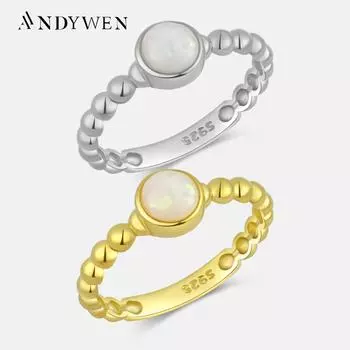 ANDYWEN, новинка из стерлингового серебра 925 пробы, размер от 5 до 9, круглые опаловые бусины, кольцо для женщин, 2023, роскошные вечерние ювелирные изделия в стиле рок-панк, вечерние украшения 5
