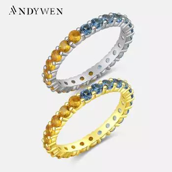 ANDYWEN Новое кольцо из стерлингового серебра 925 пробы, размер от 5 до 9, круглое кольцо с аквамарином, синим, желтым фианитом и цирконием, женское кольцо 2023, Радуга, ювелирное изделие с фианитом, подарок 5