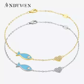 ANDYWEN новый браслет-цепочка из стерлингового серебра 925 пробы с синим рыбьим сердечком, женский роскошный браслет с цирконием CZ 2023, ювелирные изделия в стиле рок-панк M