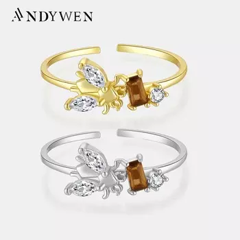 ANDYWEN, регулируемое кольцо из стерлингового серебра 925 пробы с пчелами, женские украшения, легкие украшения в виде животных для свадебной вечеринки, ювелирные изделия M